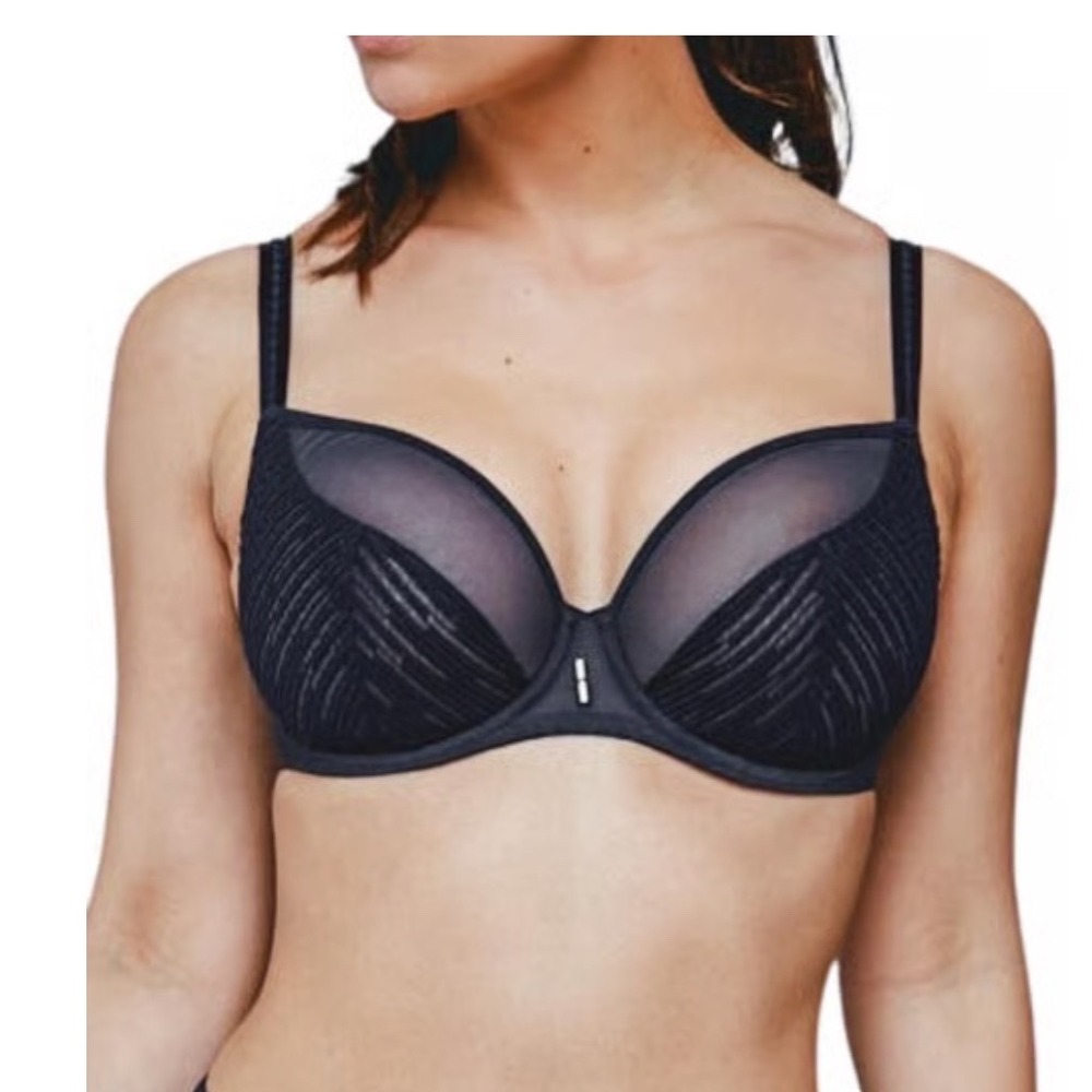 Maison Lejaby Bamboo Full Cup Bra Navy Blue Mesh Lace Underwire G31833 USA 32DD‎